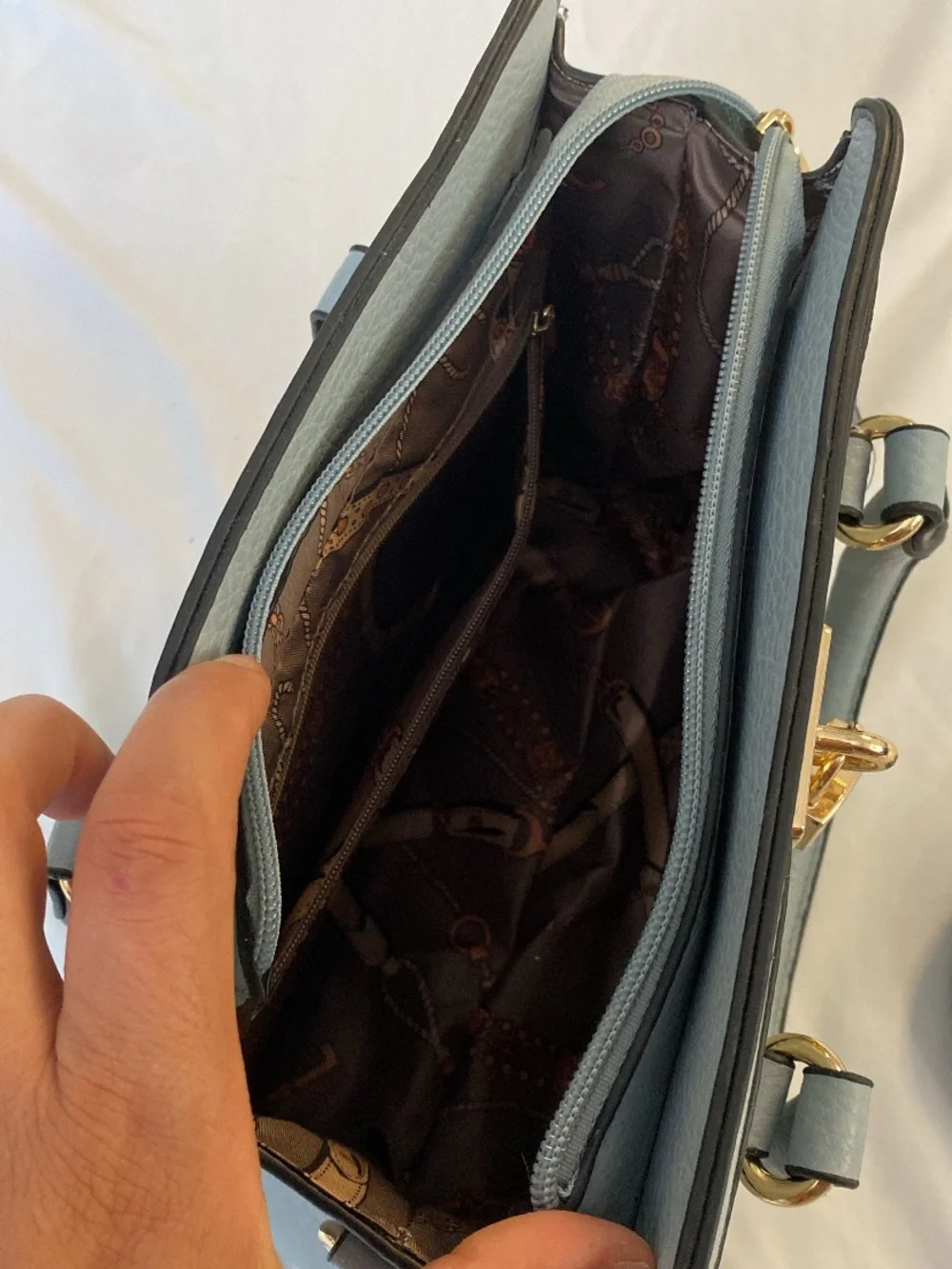 Elegant Powder Blue Structured Top-Handle Satchel with Gold Hardware